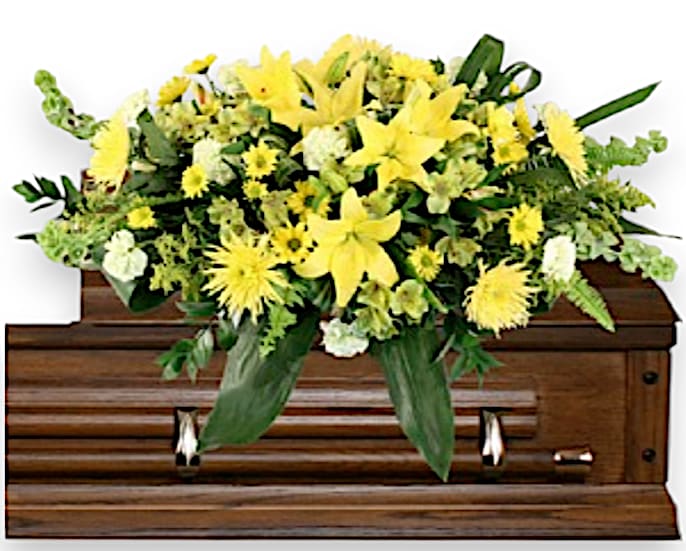 Mourning Sunshine Casket Spray - This vibrant sympathy arrangement beautifully combines lush greenery and cheerful blooms, creating a heartfelt tribute that radiates warmth and comfort. It features a robust base of aspidistra, sword fern, and salal foliage, providing a rich, natural backdrop for the array of flowers. Three striking yellow Asiatic lilies stand as the centerpiece, their bright hues symbolizing hope and renewal. Surrounding them are nine delicate pale green carnations that add a subtle elegance, complemented by five cheerful yellow daisy poms and five stunning yellow spider mums, which together evoke a sense of joy and celebration of life. Adding a unique touch, four tall bells of Ireland extend gracefully, offering a nod to the peace and tranquility that accompanies cherished memories. This arrangement serves as a touching expression of sympathy and love, honoring the spirit of a loved one with its lively beauty.