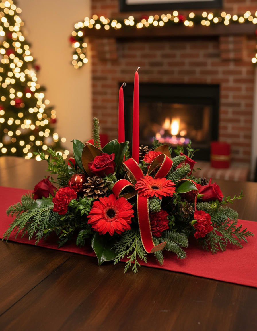 Candlelit Christmas Centerpiece - HOLIDAY COLLECTION | LOCAL DELIVERY ONLY  A classic holiday arrangement designed in a long and low style, featuring rich all-red tones for a timeless festive look. This piece includes roses, gerbera daisies, carnations, mixed winter greenery, pinecones, and seasonal ribbon, finished with candles for a warm, celebratory glow—perfect for the center of a holiday table.