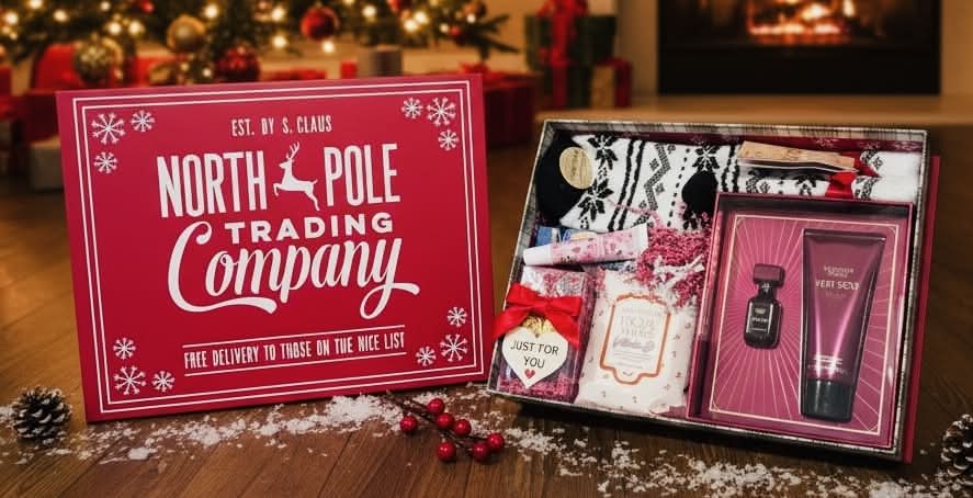 North Pole Holiday Gift Box - Give the perfect holiday surprise with this beautifully curated North Pole Trading Company gift box, packed with premium items anyone will love. Thoughtful, festive, and ready to gift!  Includes: • Victoria’s Secret “Very Sexy” Gift Set – Fragrance mist + matching lotion for a luxurious scent experience • Holiday Cozy Socks – Soft, warm, and perfect for the winter season • Moisturizing Lip Balm – Nourishes and protects for smooth lips • Face Wipes – Gentle cleansing wipes for quick refresh anytime • Hand Cream – Hydrating and winter-ready • “Just For You” Chocolate Mix Box – Sweet treats to complete the perfect self-care moment
