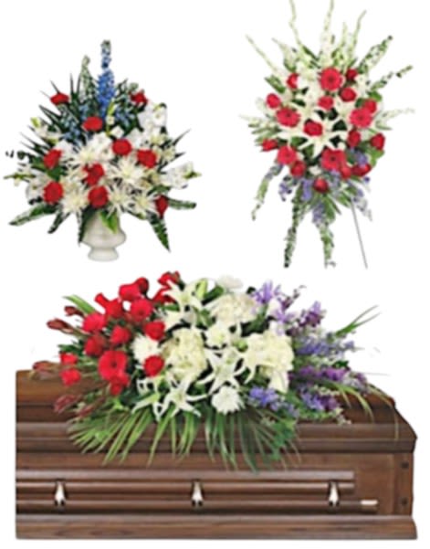 Brave Memorial Collection - This Collection combines our most popular memorial arrangements: Standing spray, Footed Urn Arrangement, and Casket arrangement.  Casket not included.