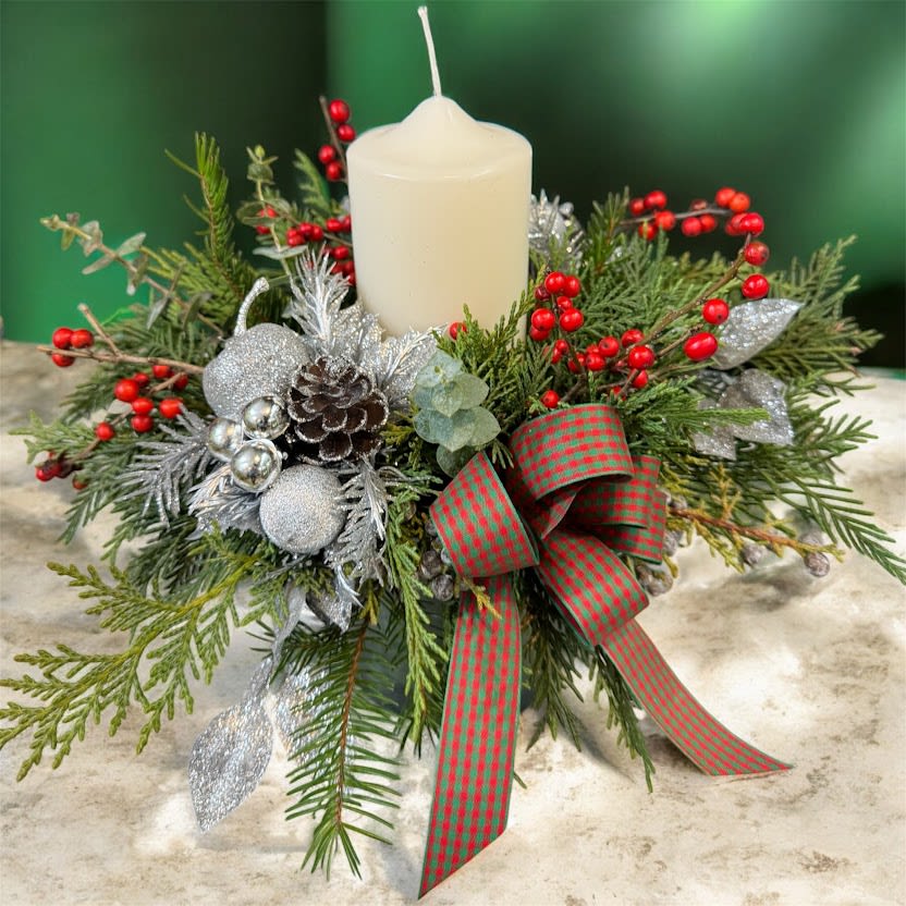 Evergreen  Candle Bouquet - White Candle. Red Berry, Christmas Ornaments