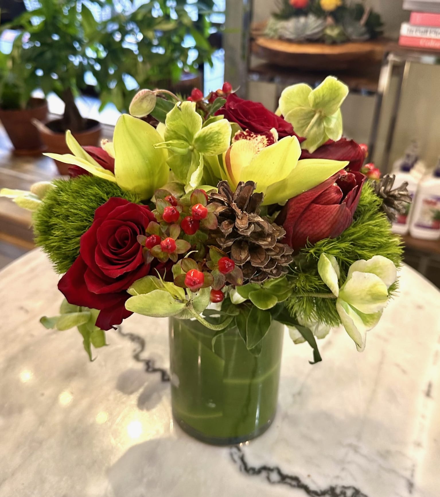 Pinecones and Berries - Reds, greens, whites, pinecones, red berries, and holiday cheer!