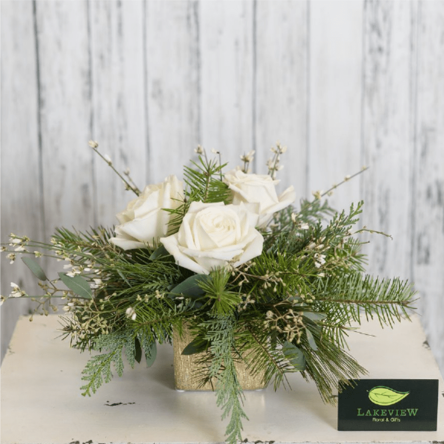 Empress - Fragrant white roses fill a stylish metallic vase. Petite and perfect for a desk, dorm or home!  Approximate Dimensions: 9" T X 9" W