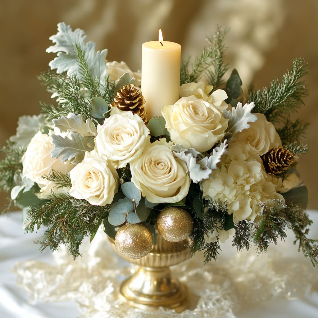 Fragrant Fire – Gold &amp; White Holiday Floral Centerpiece with Candle  - An elegant holiday centerpiece designed with lush white roses, seasonal florals, and fresh evergreen foliage, accented with gold ornaments, pinecones, and refined metallic details. Finished with an ivory candle at the center, this arrangement creates a warm, sophisticated glow for festive settings.  Perfect for New Year’s celebrations, holiday dinners, or elegant seasonal décor. Available for delivery in DeLand and surrounding Central Florida areas. Flower varieties, candle style, and decorative accents may vary slightly based on availability while preserving the overall palette, balance, and luxury presentation.  