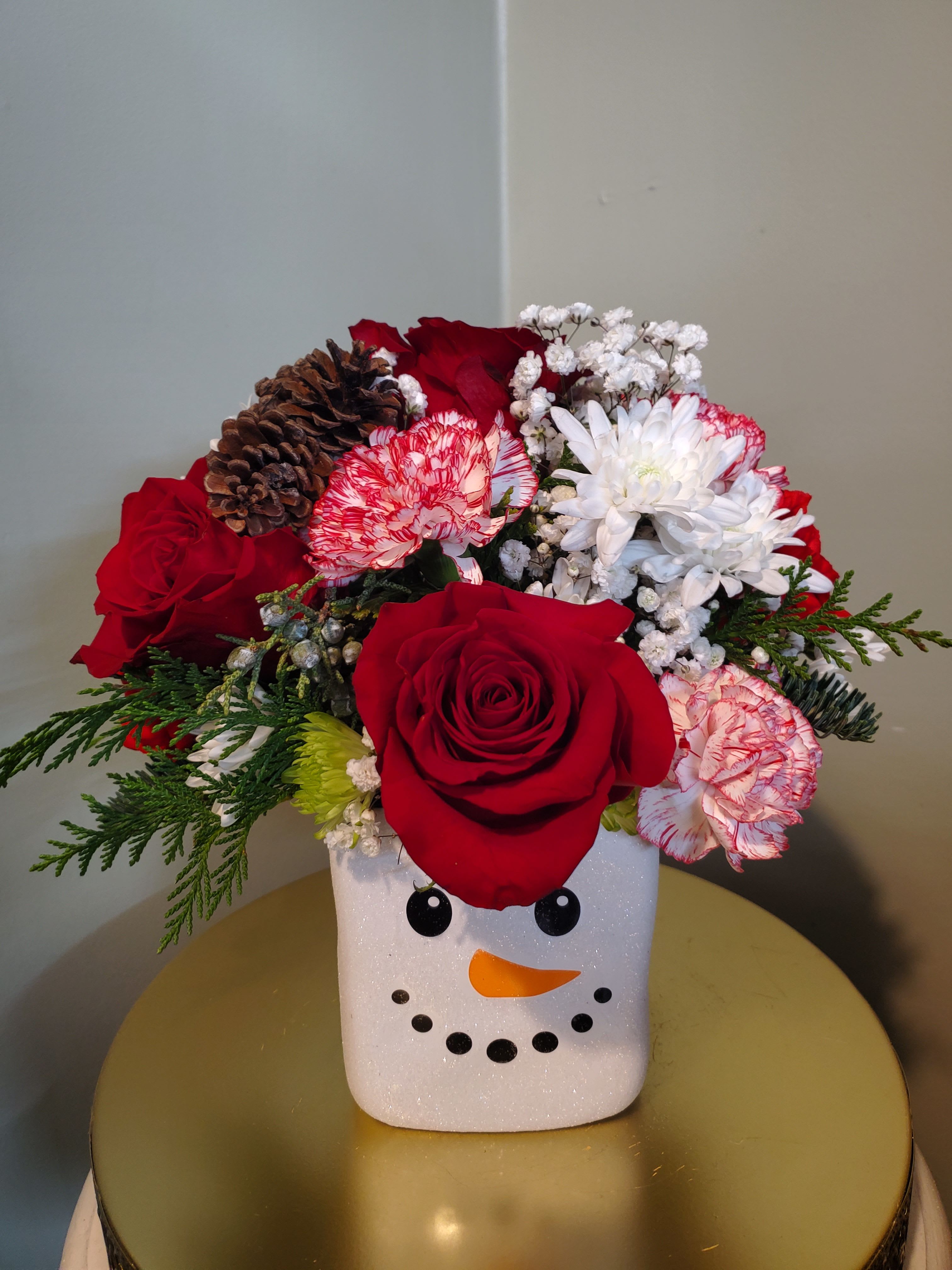 Frosty - Christmas florals in a Snowman container