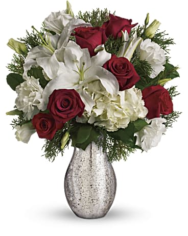 A Christmas Kiss - Capture the romance of the season! Wonderful white hydrangea and rich red roses fill our stunning silver mercury glass royal vase. 