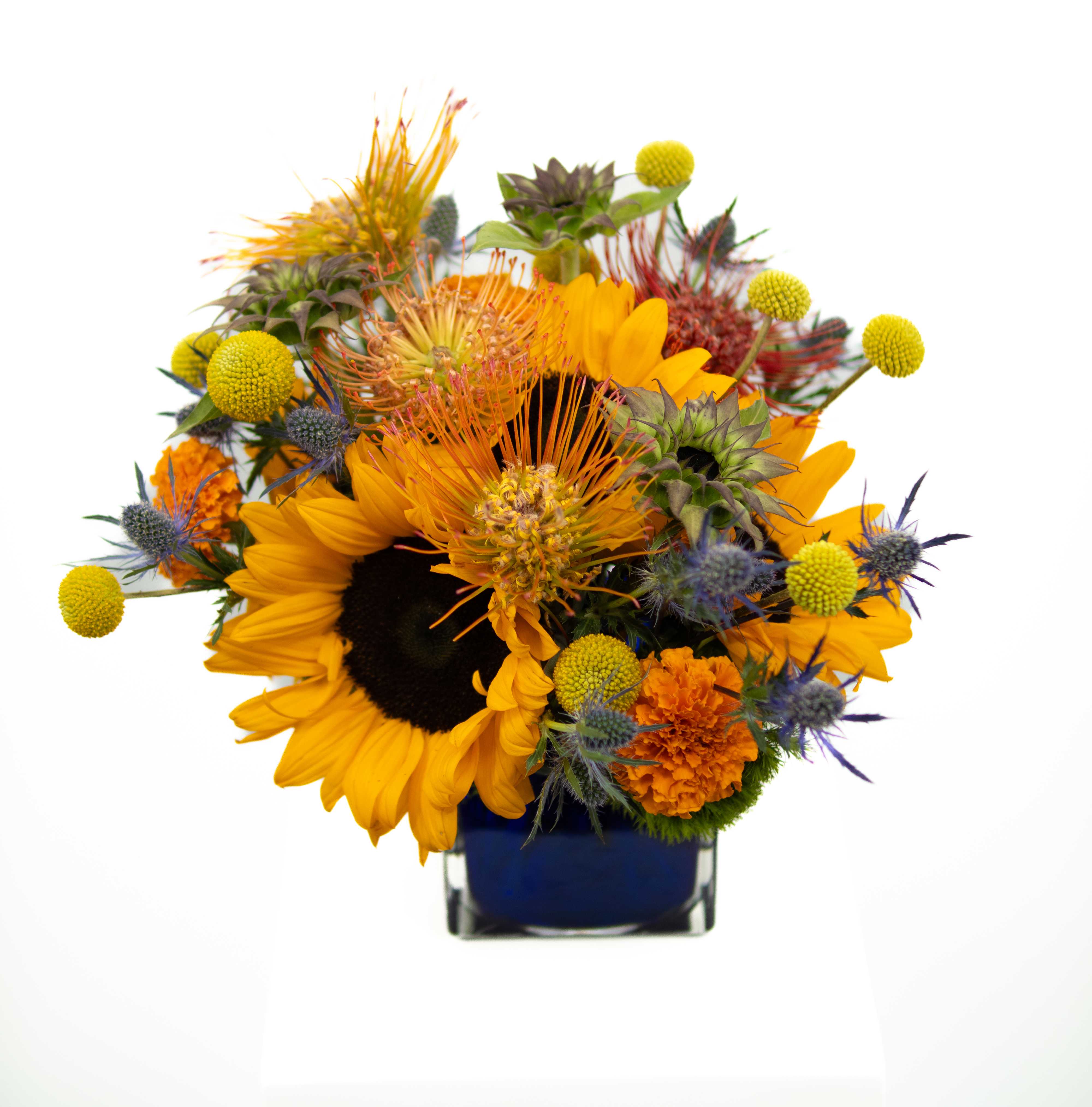 Sunnie - An arrangement designed with summer in mind. Made up of stunning seasonal sunflowers, proteas and accenting flowers and greenery all built in a gorgeous cobalt blue glass vase.