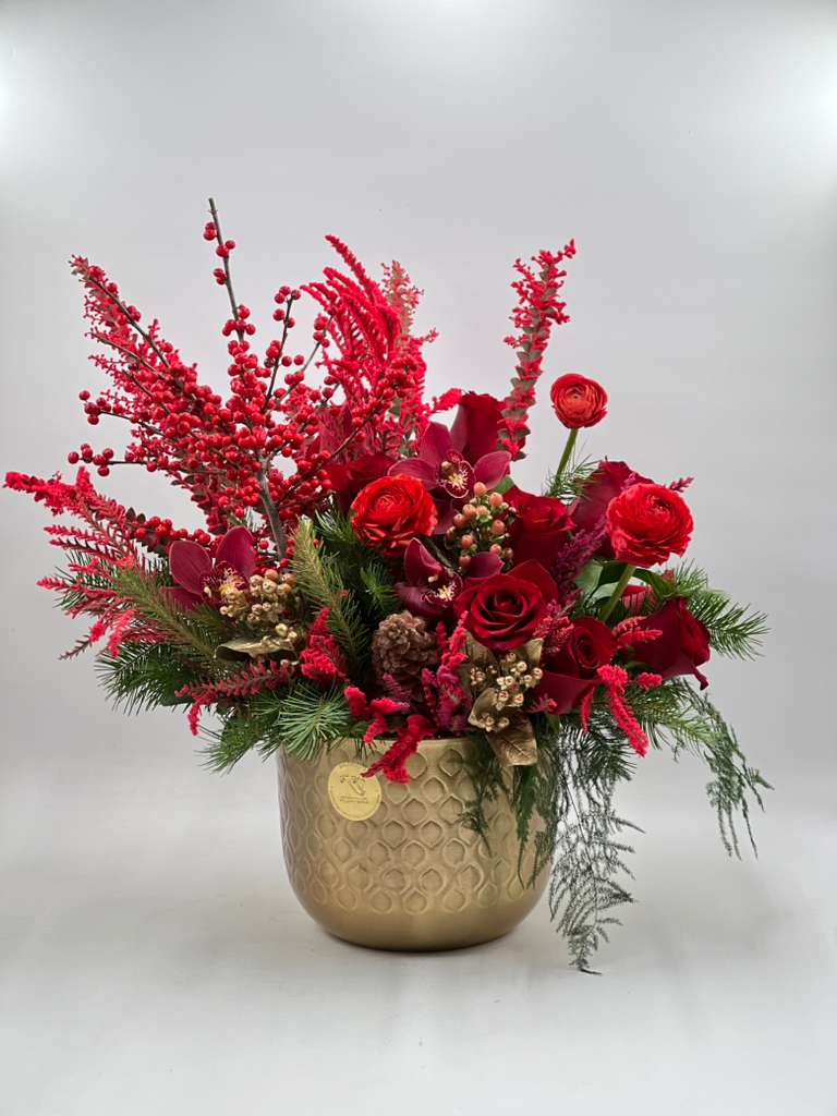 Holiday Royale - A bold and opulent floral arrangement featuring rich red roses, deep burgundy orchids, seasonal evergreens, and striking red textural accents. Designed with dramatic height and movement, this piece is enhanced with gold details and arranged in an elegant gold ceramic vessel. A powerful statement arrangement, perfect for holiday celebrations, winter décor, anniversaries, or sophisticated seasonal gifting.
