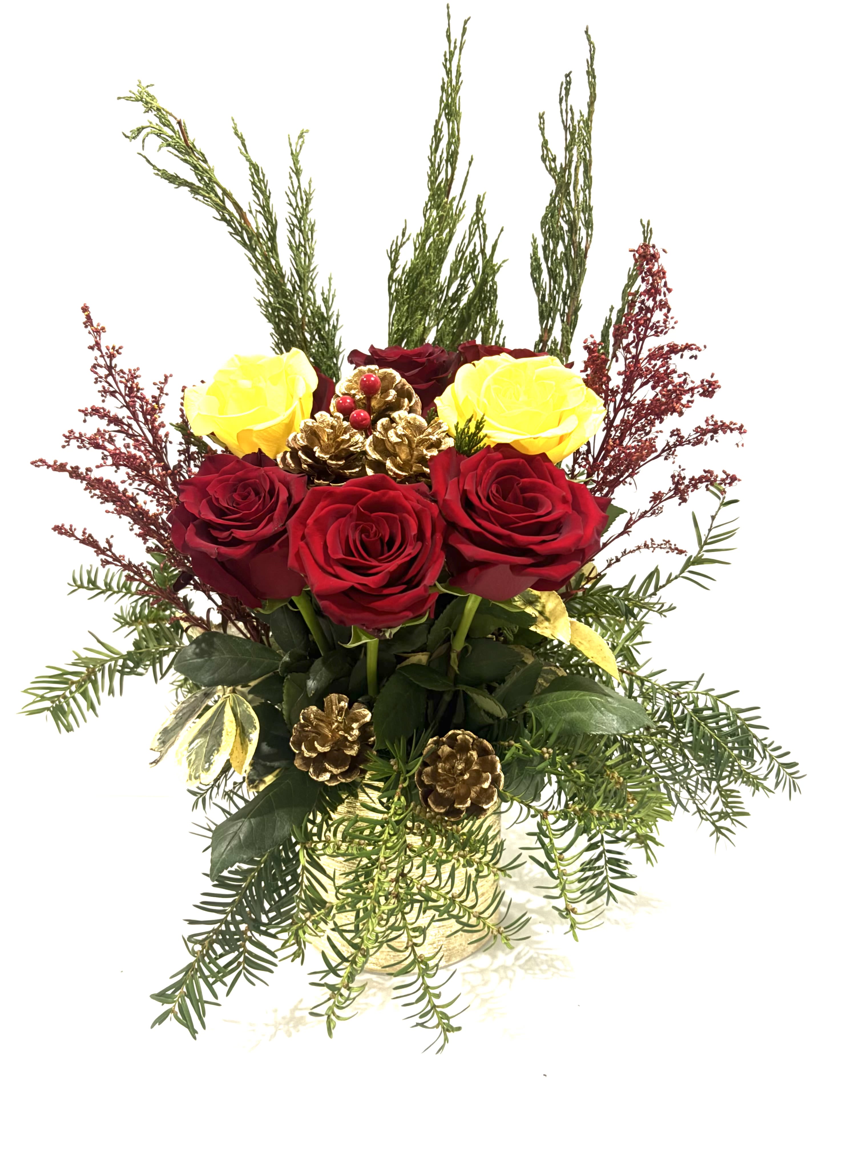Gilded Holiday Bloom by  BloomNation - Decorations: Small gold-painted pinecones and a cluster of gold berries are nestled among the flowers, adding an elegant festive touch. Vase: The arrangement is presented in a cylindrical vase with a textured, shimmering gold finish that enhances its festive appeal. Un nombre 