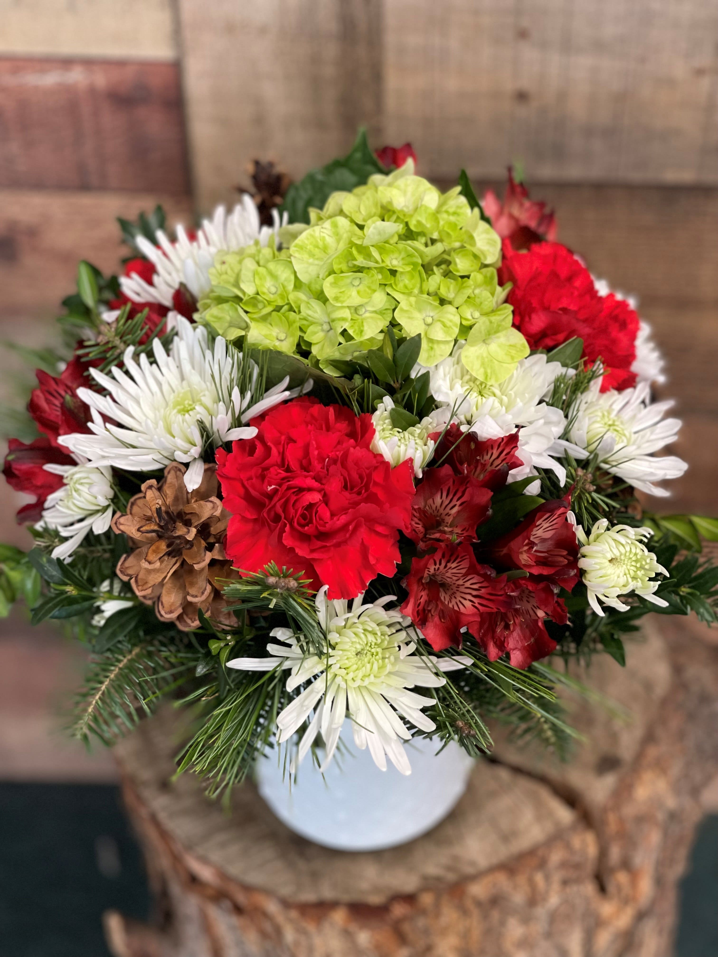 Home for the Holiday - Classic holidays colors in a nice long lasting assortment. Comes in a vintage white hobnail container. ***Container may be substituted