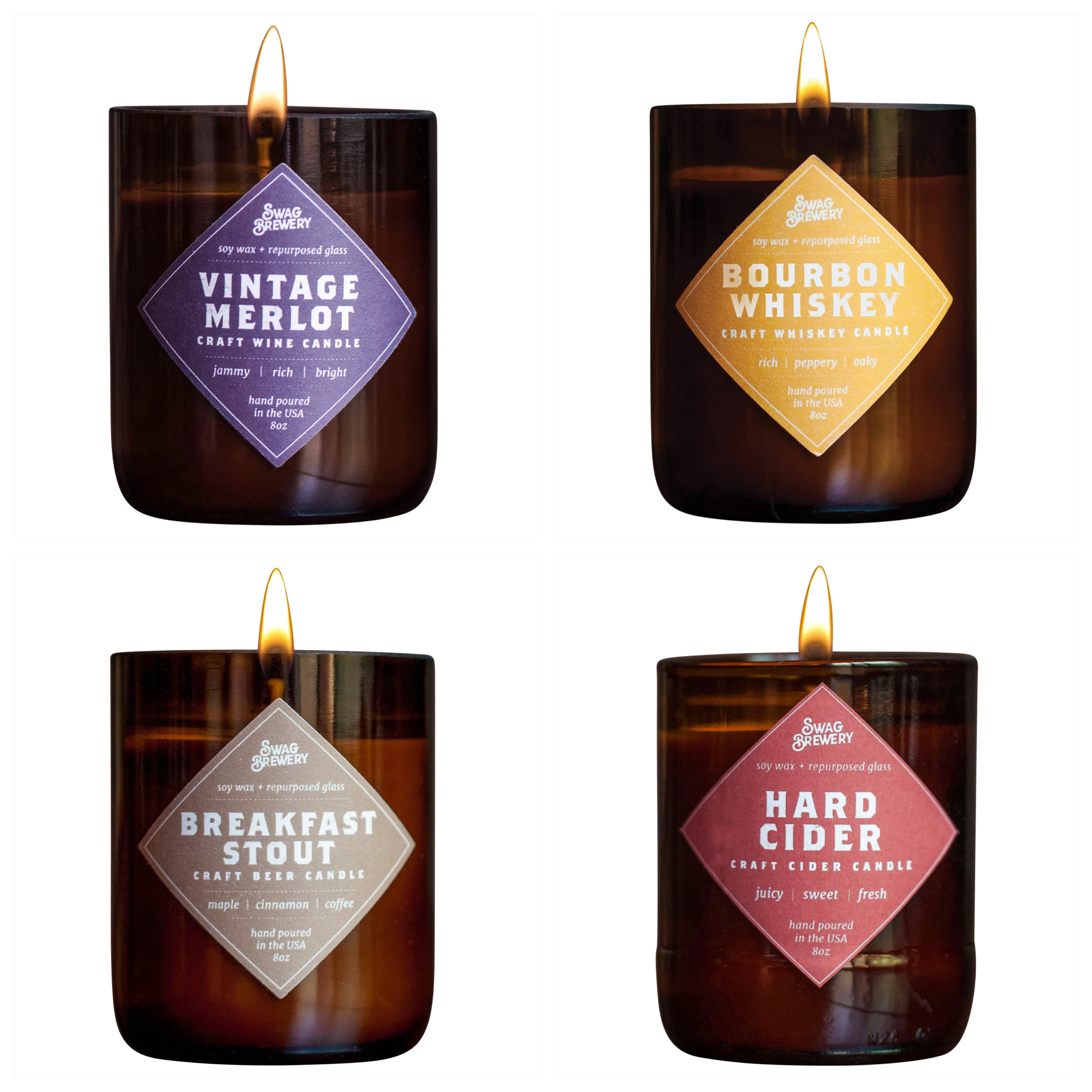 Brew Candles - Set of 4 Candles. ACTUALLY SMELLS GOOD - These candles aren't a stinky gimmick and they don't smell like stale beer (or patchouli). The scents are inspired by the appealing notes of the wine or beer they're named after and can be described as smelling spicy, roasty, fruity, sweet, and fresh depending on the variety of candle. Yes they're fun but they are also quality candles that you'll want to keep burning forever and ever!  40+ hour burn time. Hand-poured in the USA. 8oz candle, made from a recycled 22oz (bomber) beer bottle.