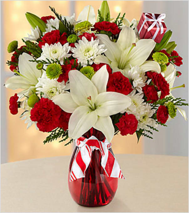 Open Your Heart Holiday Bouquet - Picked fresh from the farm to bring Christmas beauty straight to their door, the Open Your Heart Holiday Bouquet blooms with a natural festive grace to help you celebrate this fun and exciting season. Hand gathered at select floral farms and bringing together eye-catching whites with pops or rich reds accented with a mix of winter greens, this gorgeous bouquet has been picked fresh for you to create an exceptional way to send your warmest season's greetings to all of the loved ones you hold near and dear to your heart. Bouquet includes: white Asiatic Lilies, red carnations, red mini carnations, white chrysanthemums, green button poms, and lush holiday greens. Presented with a classic red glass vase and festive ribbon. BETTER bouquet is approximately 19" H X 16" W.  Your purchase includes a complimentary personalized gift message.