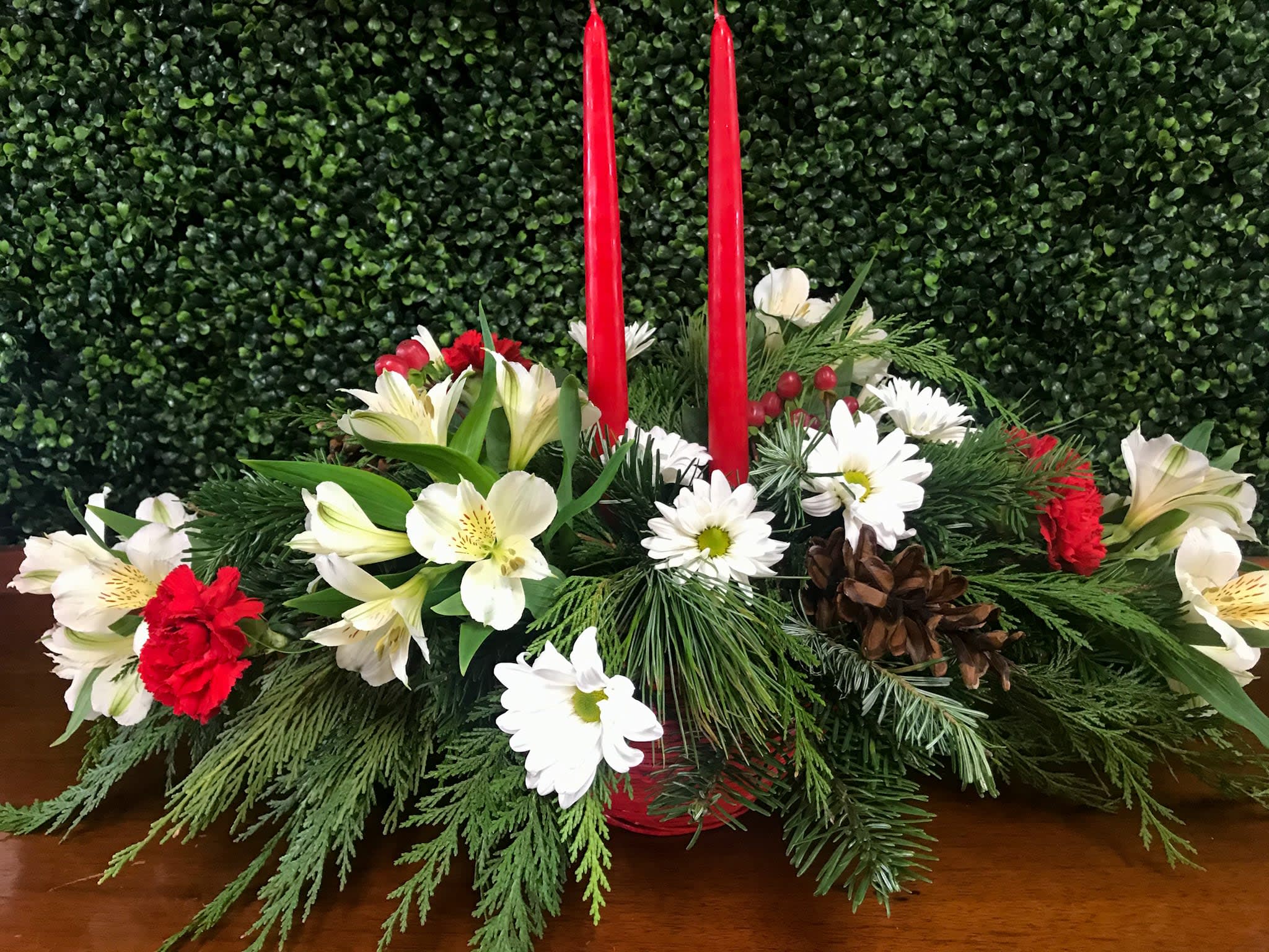 Christmas Centerpiece - Christmas centerpiece arrangment includes 2 festive candles. 