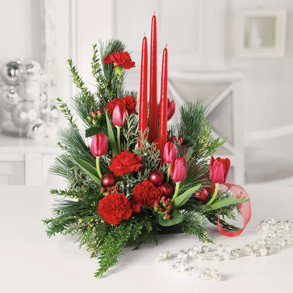 Modern Christmas Centerpiece - Red Taper Candles, Red Tulips, Red Carnations,with Mixed evergreens