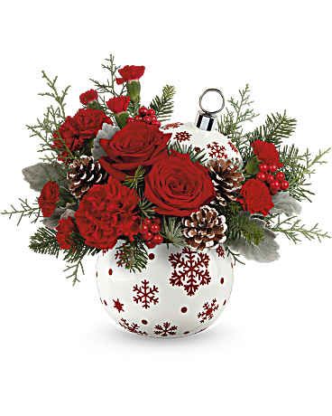 Sparkle All The Way Bouquet - Capture the essence of a classic Christmas with stunning red roses and fresh white pine elegantly arranged in a shimmering, hand-painted ceramic ornament jar-a gift they'll cherish forever. 