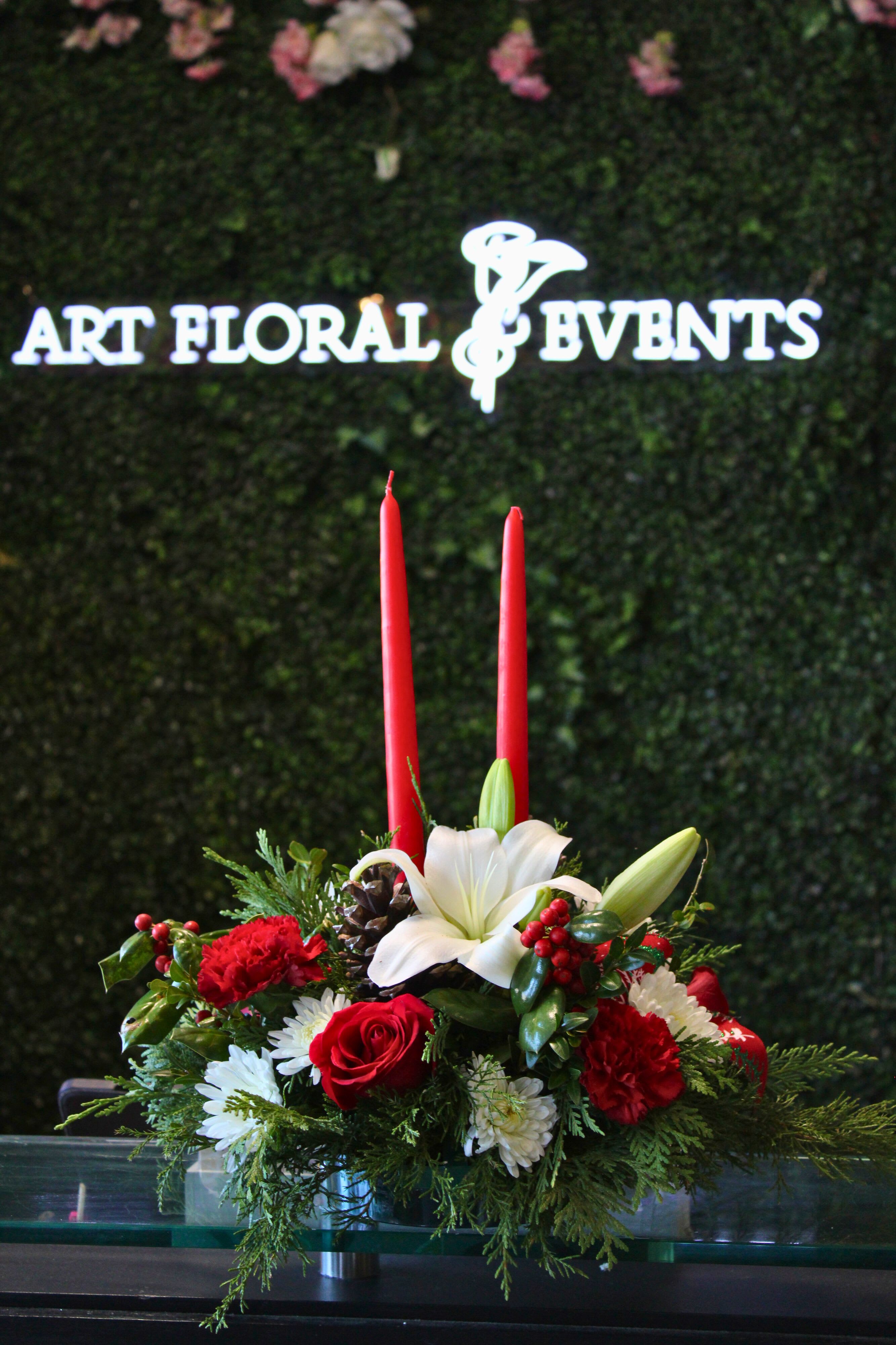 Christmas Eve Centerpiece - White lilies, Red Roses, Holly, Carnations, Mums 2 Taper Candles, Pine Greenery 