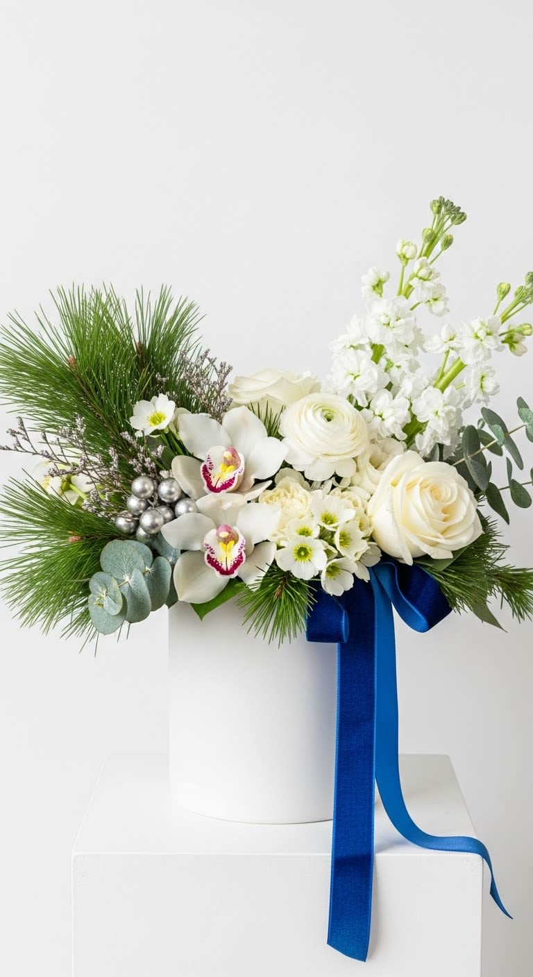 Royal Light Bouquet  - Modern clean design of crisp white premium floral, blue and silver accents in a white vessel with wintergreens
