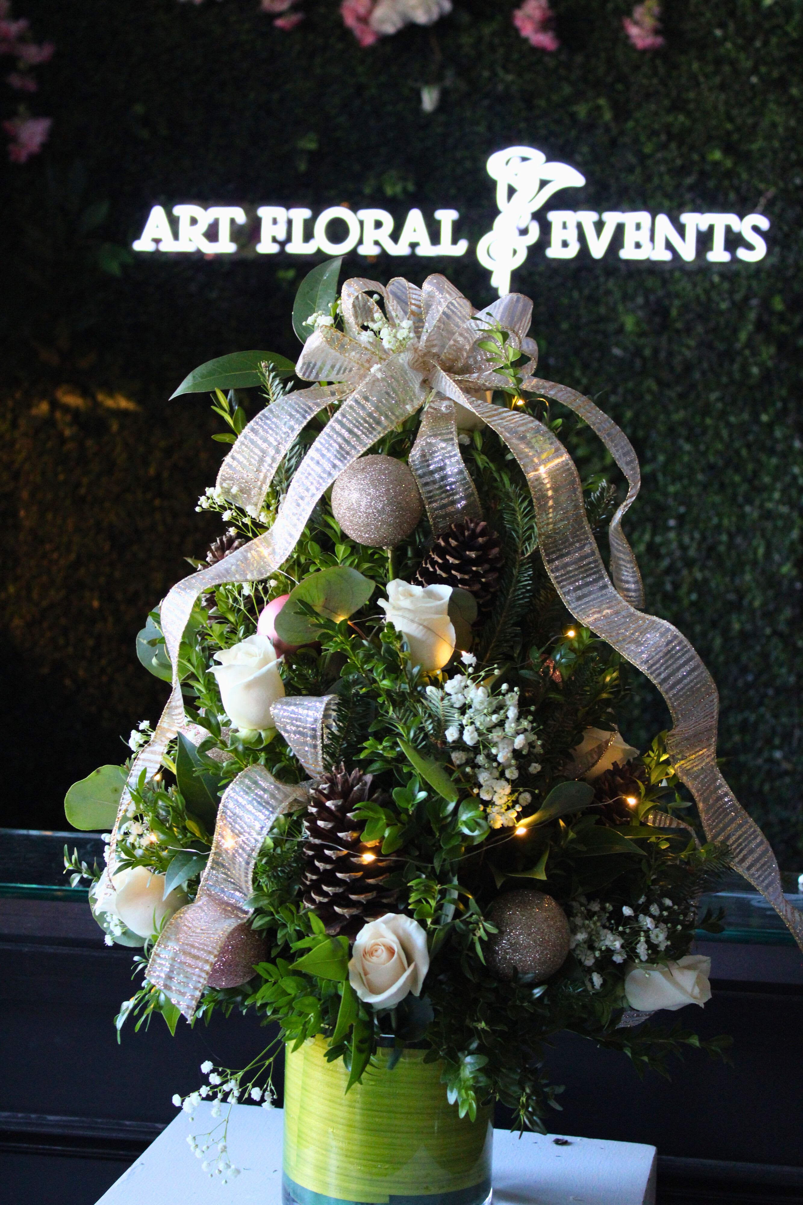 Mini Light up Christmas Tree -Gold and Green - Pine Cones, White Roses, Babies Breath  Mini Gold Ornaments, Twinkle Lights, Cylinder Glass Vase, Gold Bow 