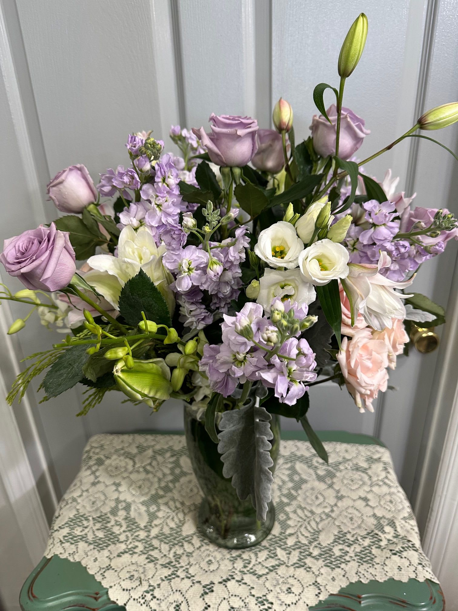 Lavender  Garden - Assorted  Roses,  Lilies,  Lisianthus,  Dendrobium , stock, Assorted Fancy Greens 