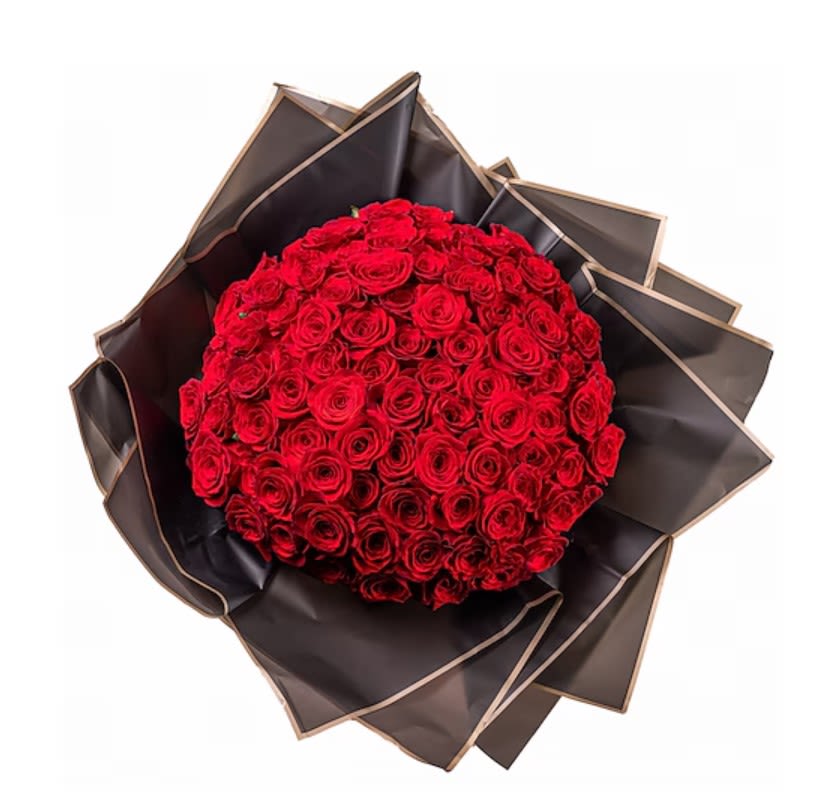 Red Roses Bouquet 100ct - features a stunning collection of 100 vibrant red blooms, carefully selected to create a dramatic and captivating arrangement. The rich, deep red roses or other red flowers in the bouquet symbolize love, passion, and admiration, making it an ideal gift for a romantic occasion, anniversary, or celebration of love. The lush, full display of flowers offers a sense of elegance and luxury, while the sheer number of blooms adds an impressive, opulent touch. This bouquet is a timeless representation of deep emotion and affection, perfect for making a bold, heartfelt statement.