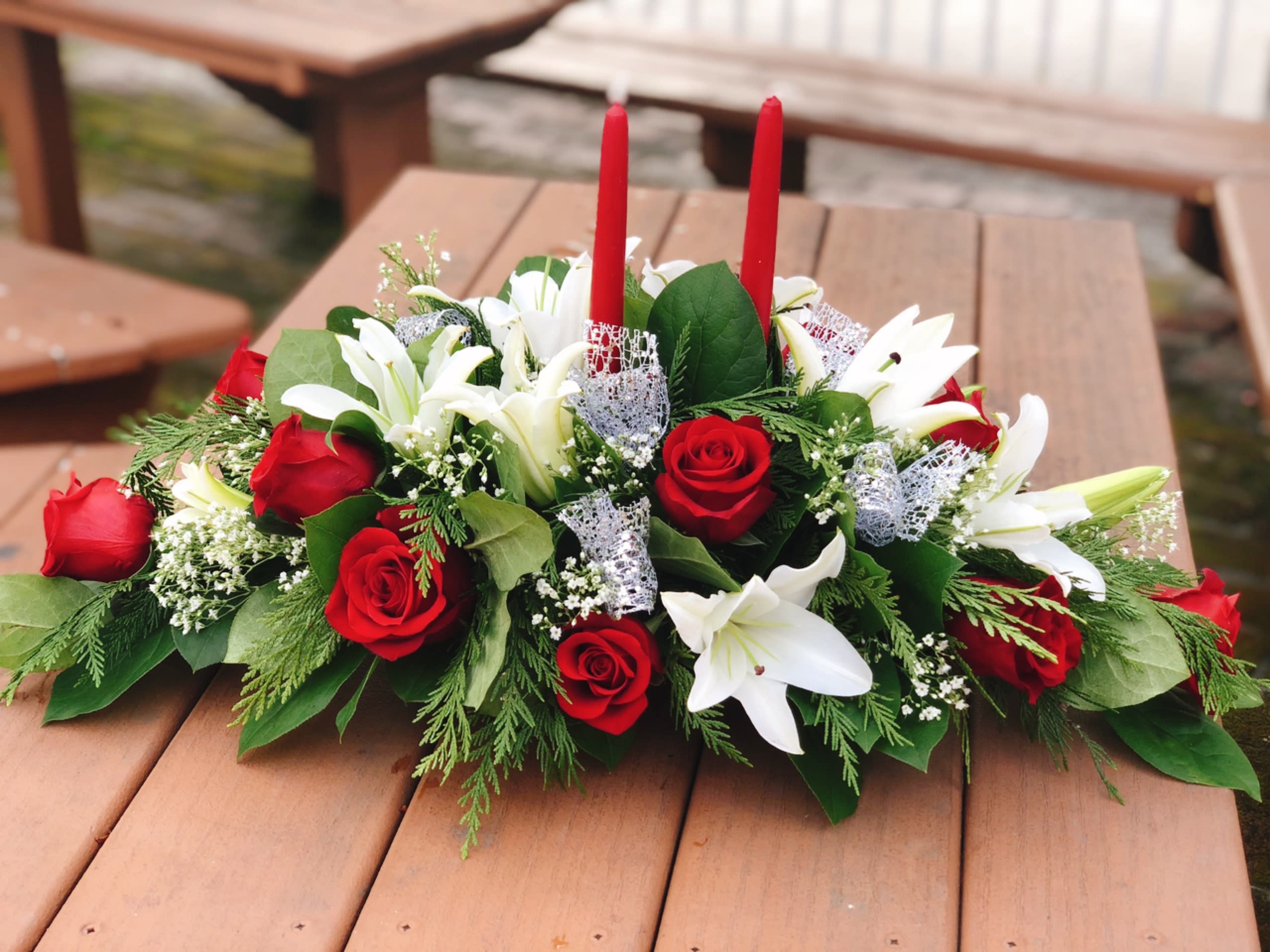 Christmas Centerpiece (Red, White, &amp; Silver) - - 10 Red Roses - 6 White Lilies - White Fillers - Seasonal Greens