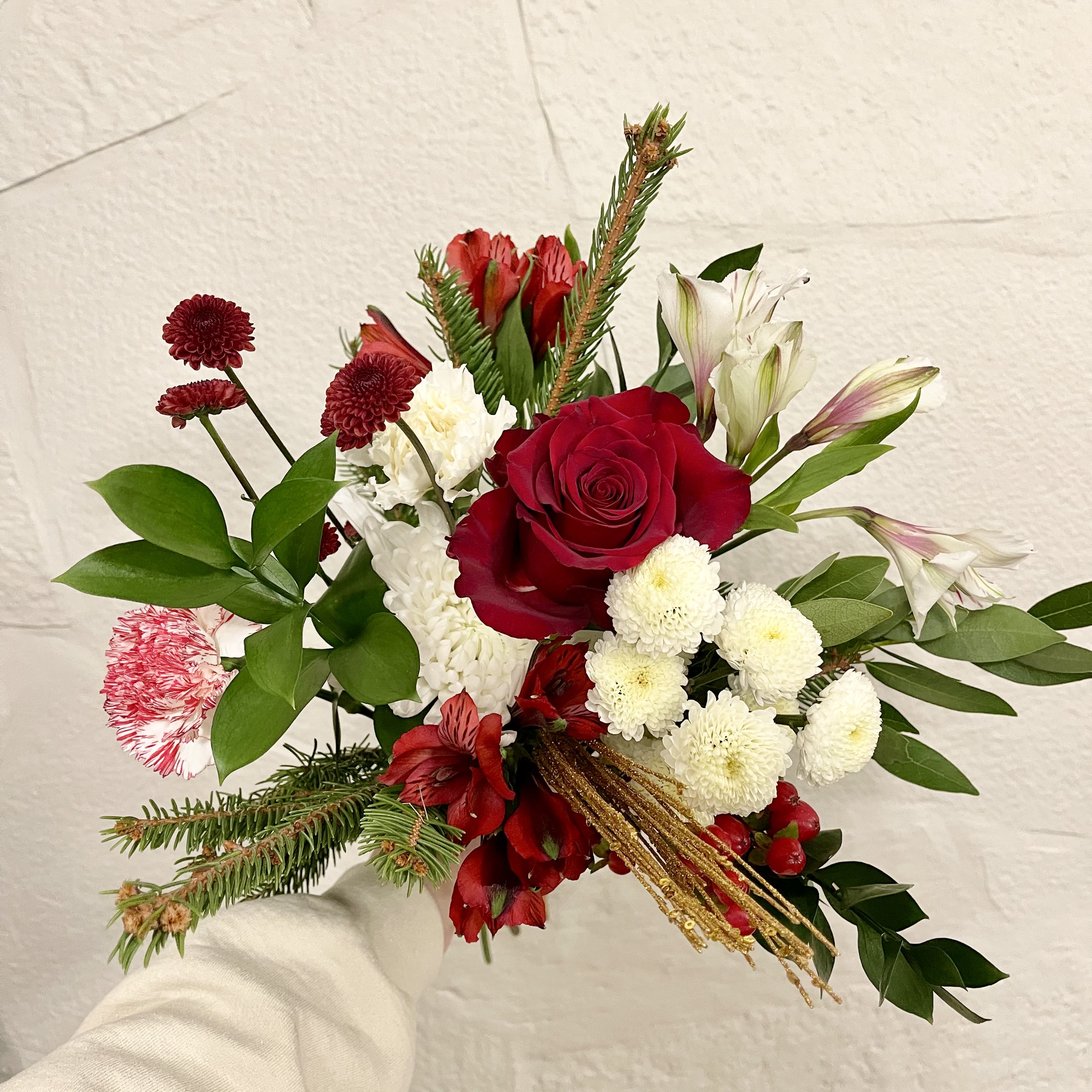 Festive Christmas Handtied Bouquet - A red, white and green bouquet full of gorgeous blooms ready for your festive home!