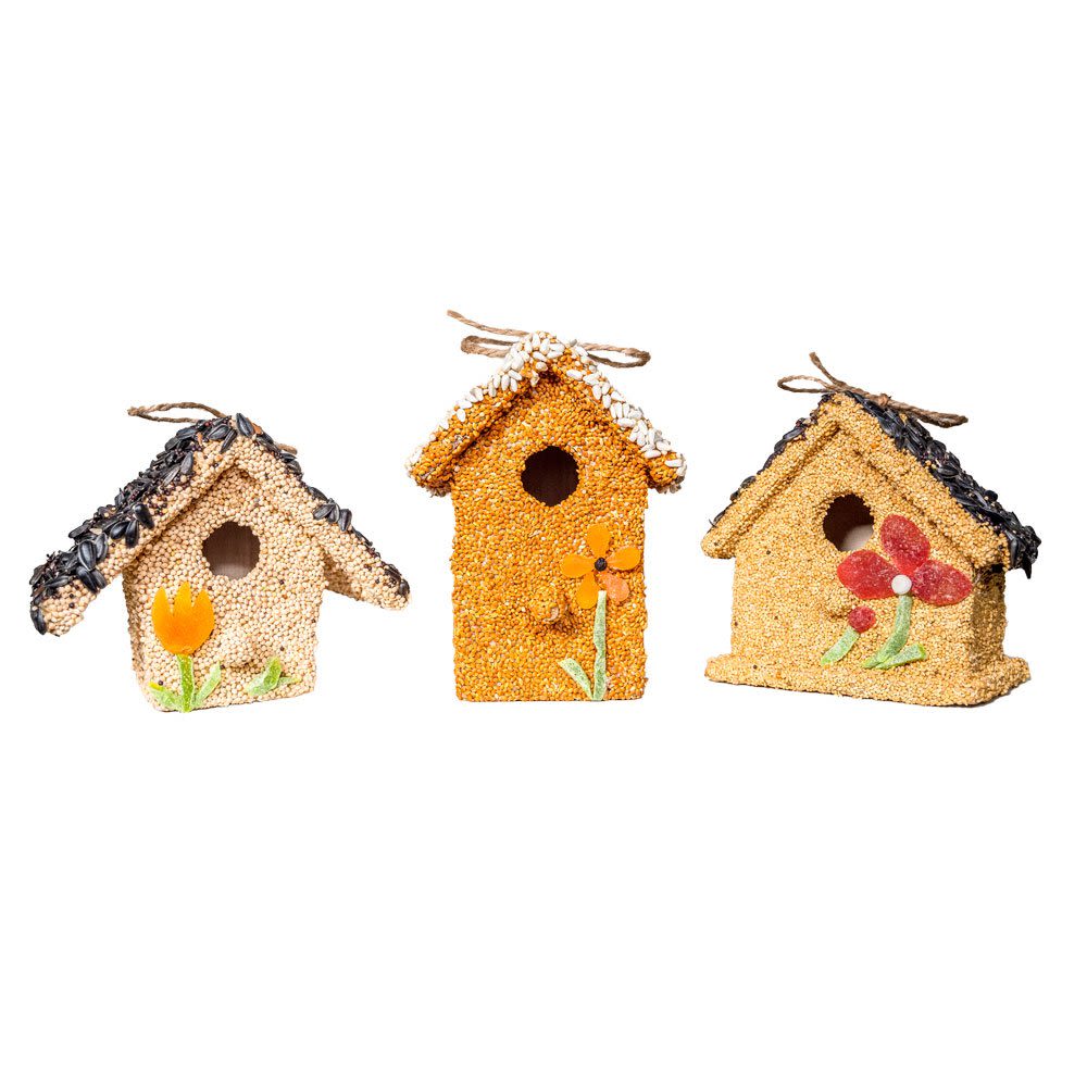 Mr. Bird Spring Fruit Cottage - These three adorable cottages are a sweet seed treat at a price that can’t be beat.  Hand decorated with millet, black oil sunflower, flax, canola, apricot, strawberry, kiwi, and blueberries.  Under the seed and decoration is a small ornamental wooden bird house.  Absolutely the perfect gift for teachers, neighbors, friends, and family. Spectacular retail price point!  Approximately 6″ tall. Three assorted styles.