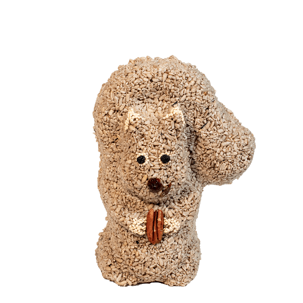 Mr. Bird Nutzo Squirrel - This kooky critter is all sunflower hearts, which makes him very attractive to your favorite birds! He is solid seed with a jute hanger.