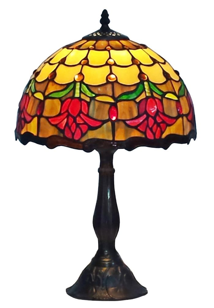 Large Red Rose Tiffany Memory Lamp - Adding charm to any room, this table lamp features a blooming rose pattern with an opaque and burl toned background. This Tiffany Style lamps is handcrafted using the same techniques that were developed by Louis Comfort Tiffany in the early 1900s. It has 224 hand cut pieces of glass and 49 cabachons. Lamp is 19"H and 12"W. Comes with special card that reads "Each time you light this lamp, may you recall the many wonderful occasions that you have shared together and their light continues to shine and touch your life. With Deepest Sympathy." 