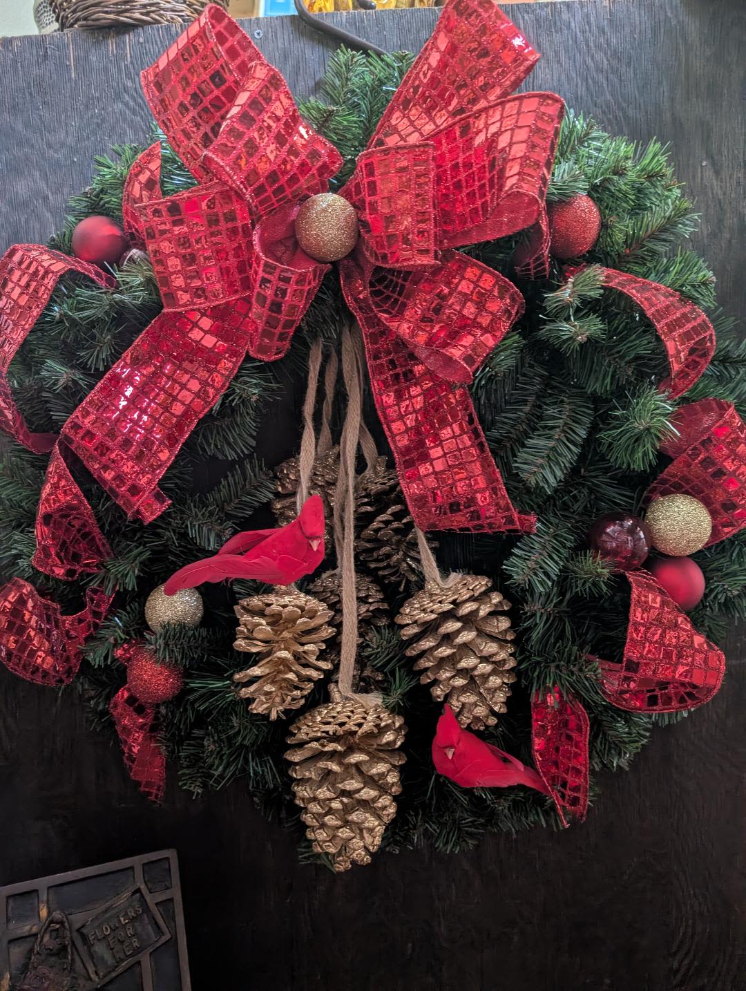 Christmas Wreath sale $35.00 1 available - Artificial - as picture only one available. Will make to color request call.   Regular price $55.00  now $35.00  Ring size is 25" overall size 22"