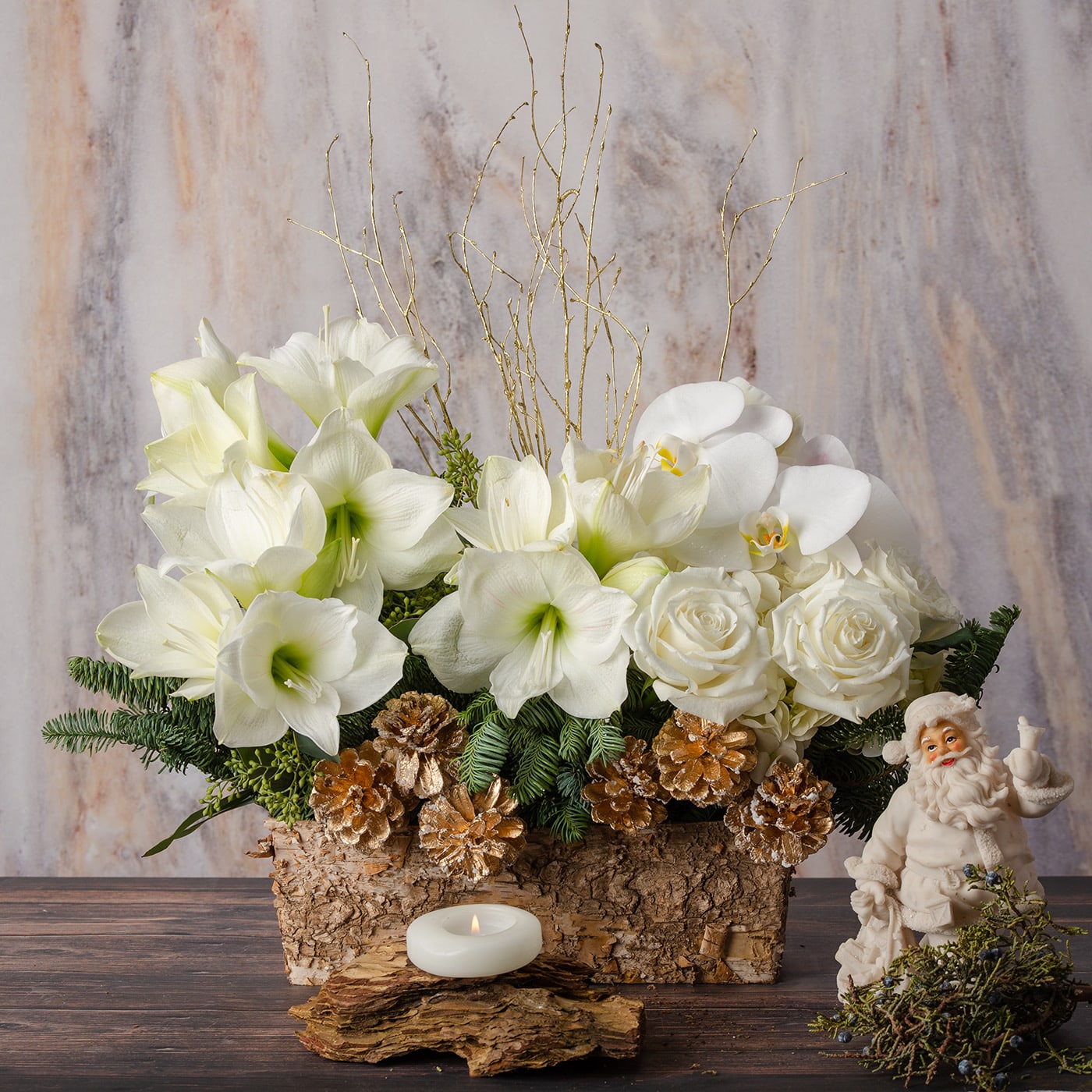 White pearl of christmas - Enjoy the  beauty of white amaryllis ,white roses and white orchid  under the snow in this elegant floral  arrangement 