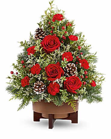 Season's Greetings Tree - This modern copper planter with wooden stand and a handmade tree of mixed evergreens and cut flowers is a perfect gift for the season!
