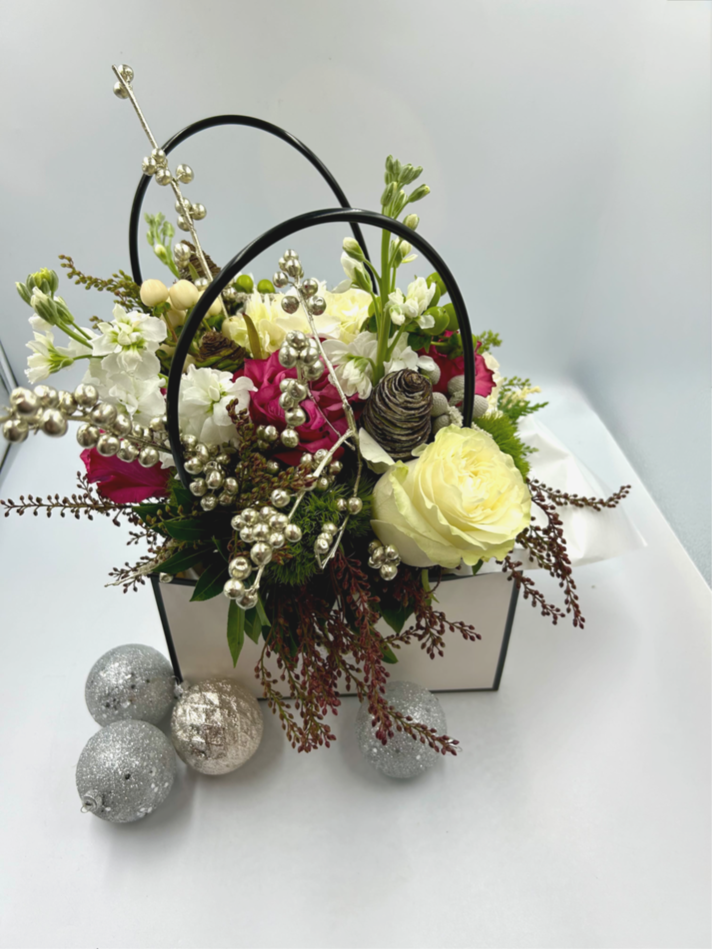 Bag of Blooms Holiday Edition  - What a cute bag you have.. Yep!  Filled with fresh holiday flowers our little shopping tote is super chic and is full of beauty.  There is a vase hidden inside the bag filled with premium mixed flowers of the season-   Great for gifts!!!!   STANDARD- 1 BAG DELUXE 2 BAGS PREMIUM 3 BAGS- SAVE $$ BUY IN CUTE BULK  