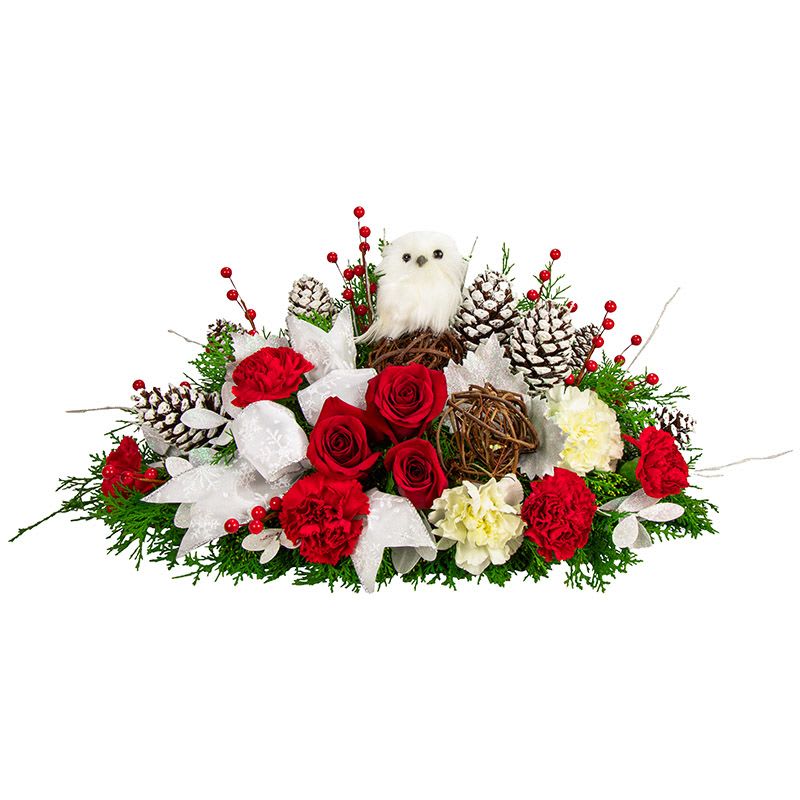 The Hoots of Winter  - The Hoots of Winter includes, White Carnations, Red Carnations, Red Roses, Pinecones, Red Berries a bow and an adorable Owl. 