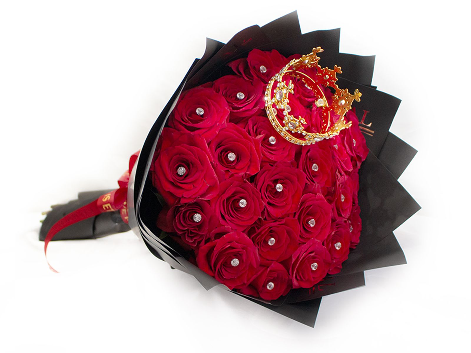 25 Roses Ramo Buchon with Crown &amp; Diamonds  - Our hand-tied bouquets are delicately arranged combining pure Ecuadorian roses top with a diamond on each rose and a crown. 
