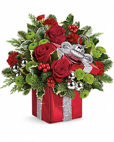 Gift Wrapped Bouquet - Shimmer and shine! Make the holiday sparkle with a stunning bouquet of red roses, bright green mums and festive holly, hand-delivered in a shimmering ornament box. With bold red and silver glitter details, this is the perfect addition to any holiday décor! 