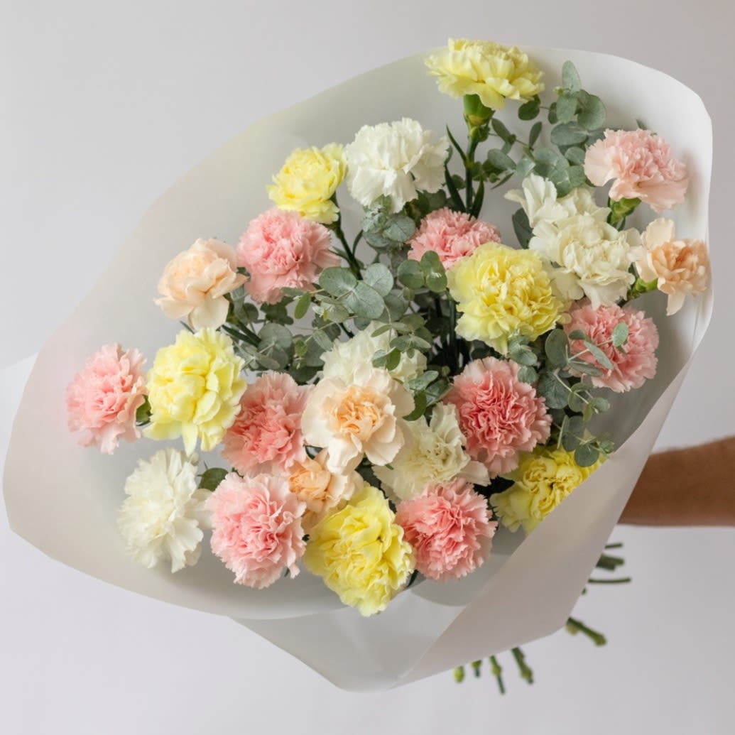 № 303 - A bouquet of delicate and textured carnations is like a cloud of marshmallows.  Standard size - 24 stems Deluxe size - 36 stems Premium size - 48 stems 