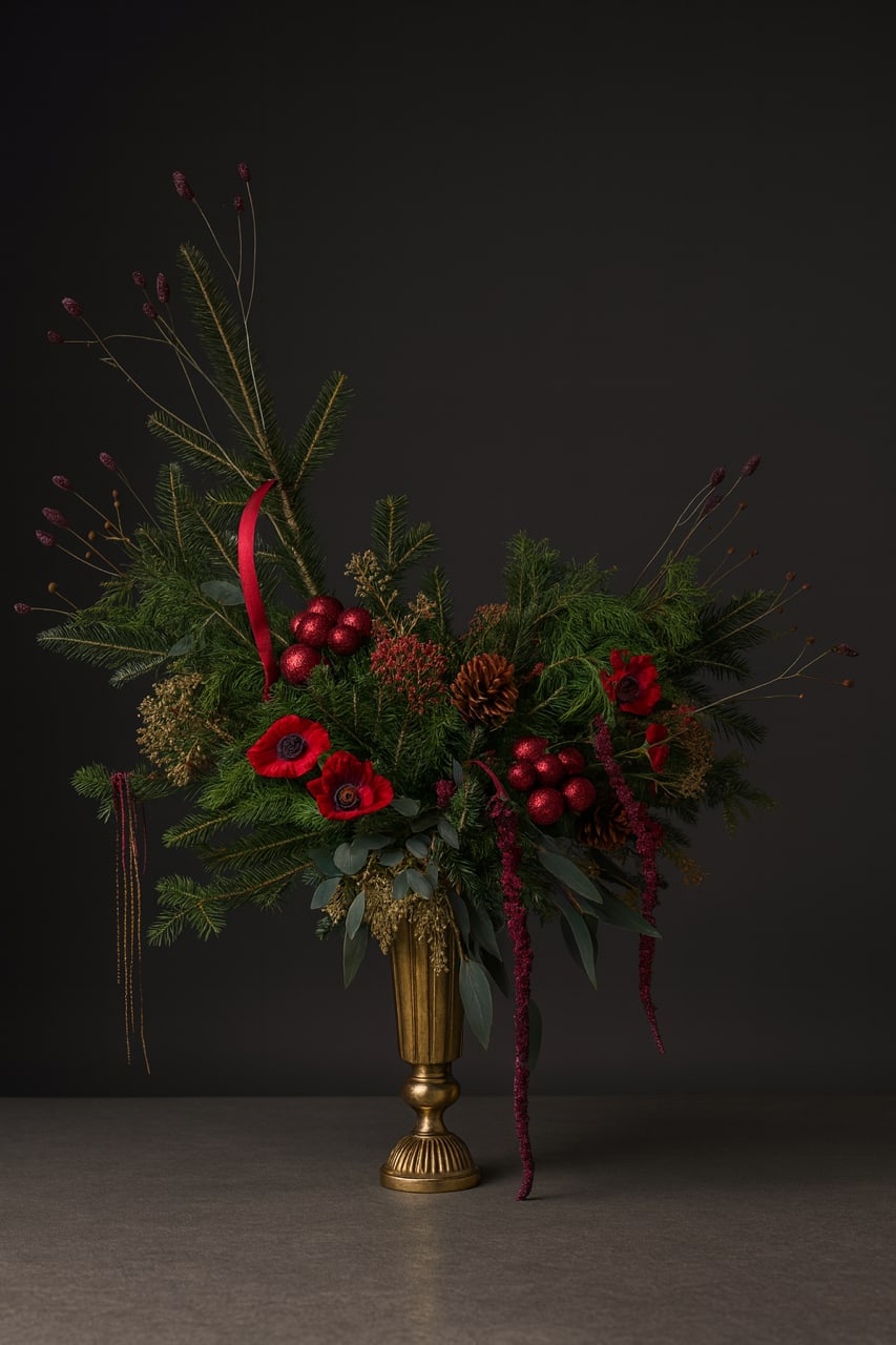 Maison de Sapin — Holiday Evergreen Arrangement - Maison de Sapin—House of Fir—is a moody, old-world holiday arrangement inspired by European winter interiors and candlelit halls. Designed with layered winter evergreens, rich crimson accents, natural pinecones, and elegant textural details, this piece feels timeless, sculptural, and intentionally gathered.  Arranged in a classic metallic vessel, Maison de Sapin brings depth and warmth to an entryway, dining table, or mantel. Its asymmetrical silhouette and heirloom palette evoke the feeling of a historic home dressed for the season—refined, festive, and never overdone.  Perfect for those who love a darker, more editorial take on holiday décor.  