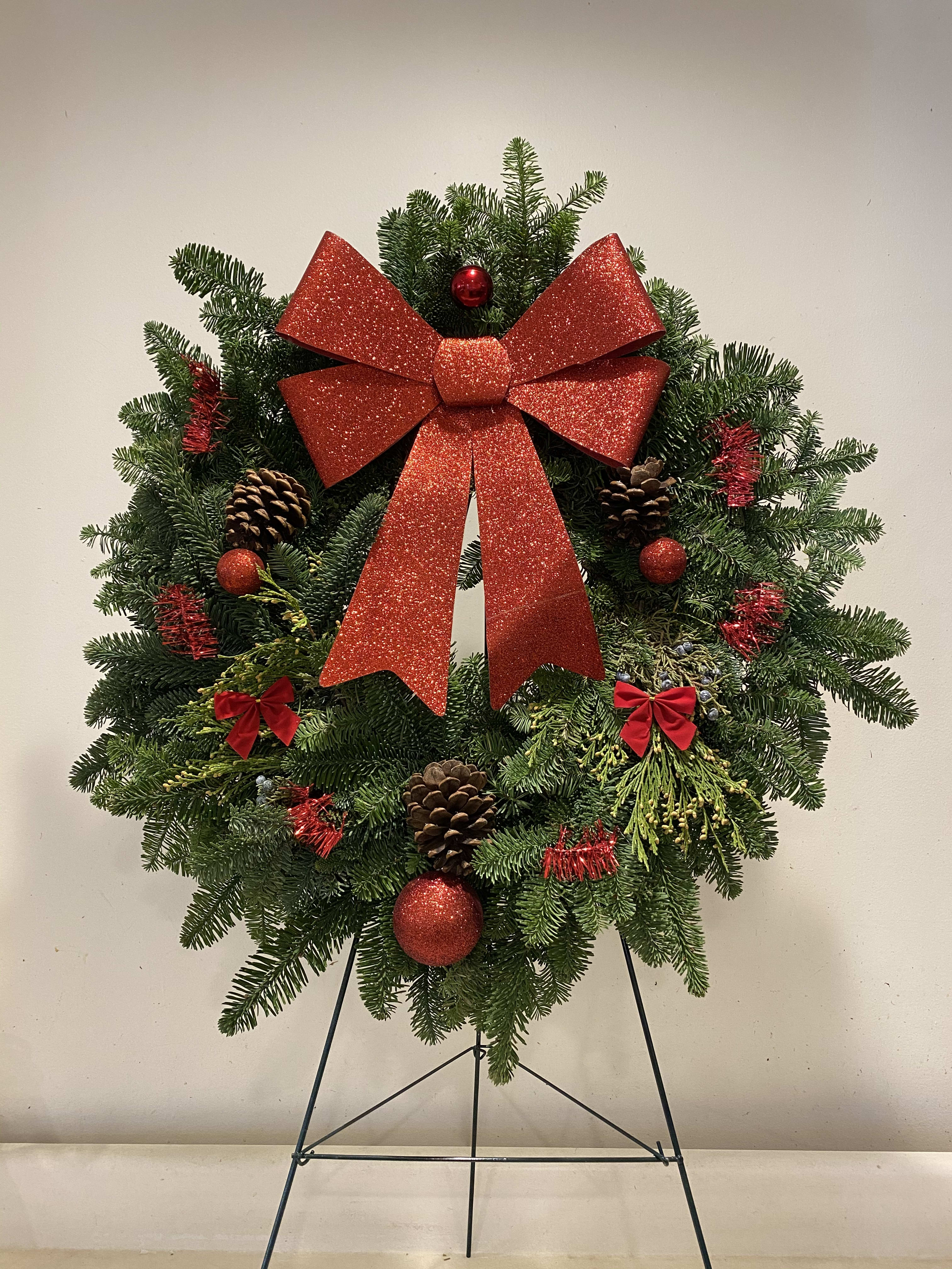 Holiday Christmas Wreath - Decorate your home with this custom Christmas wreath. Made with fresh pine leaves!   3' stand available upon request, please let us know in the special instructions if you'd like us to include one. 
