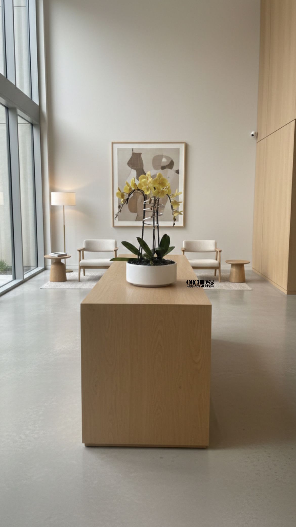 Same Day Flower Yellow Phalaenopsis - A high quality Triple yellow orchid arrangement with a vase 9" D X 6" T. An orchid arrangement flower deliver for any occasion design with fresh natural real beautiful Phalaenopsis cascade orchid plant minimalist decor.