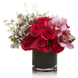 Modern Romance  - Low cylinder vase fill with red roses, filler flowers on one side and orchid blooms . 