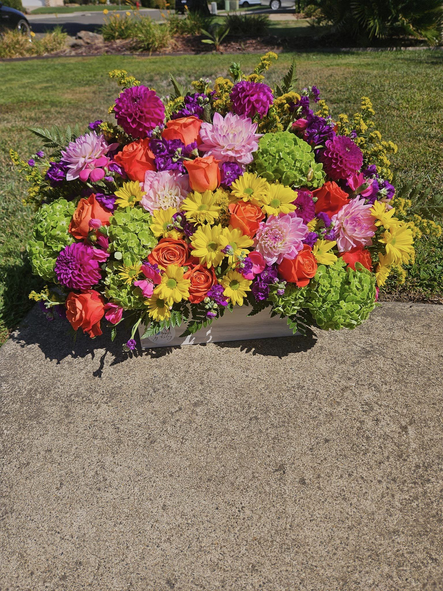 Katey's Smile Bright Box - All the freshest brightest flowers in season arranged in a white-wash box