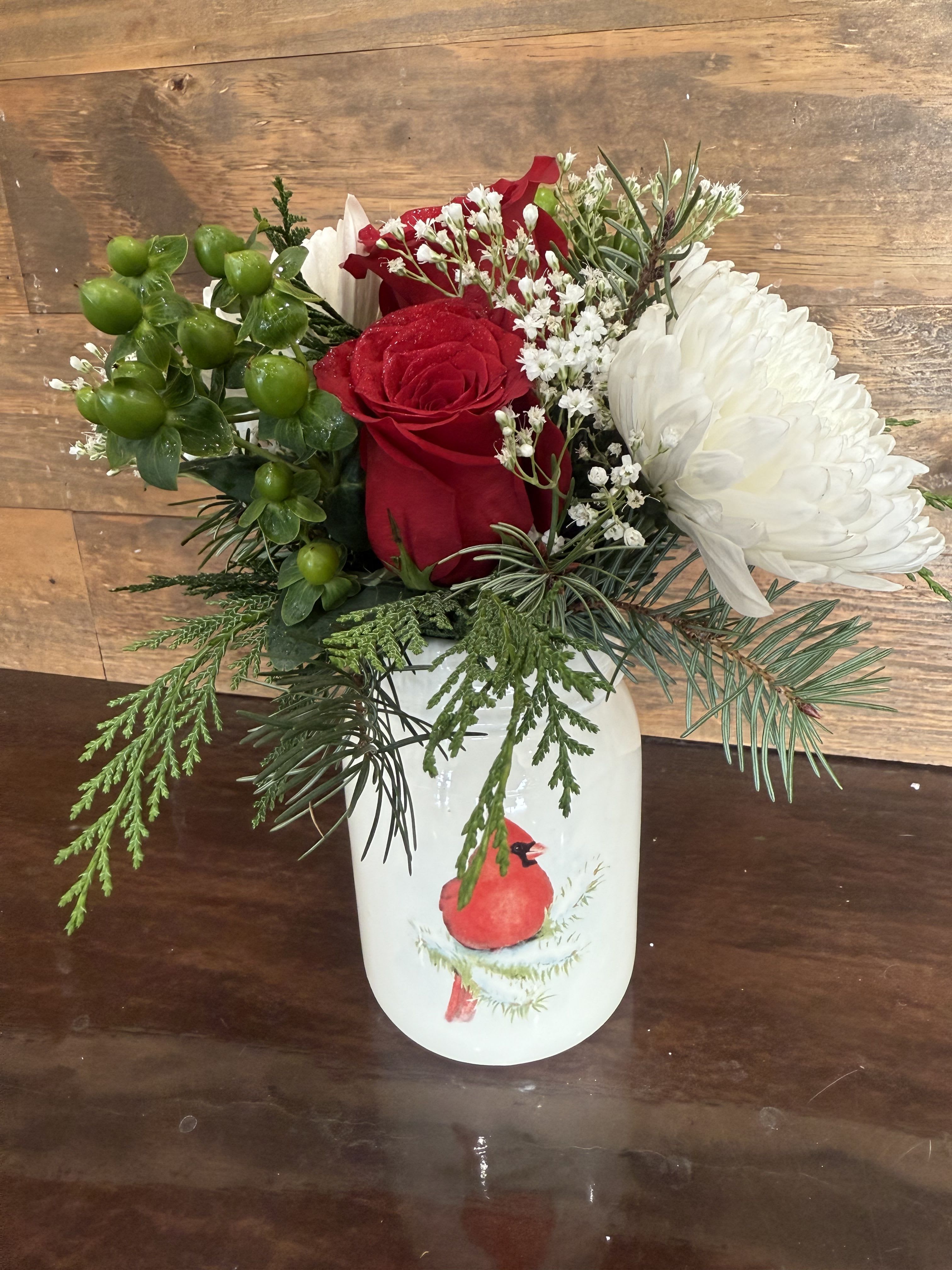 Christmas Cardinal  - Beautiful hand painted mason jar style keepsake container! Filled with beautiful and fragrant Holiday florals! 
