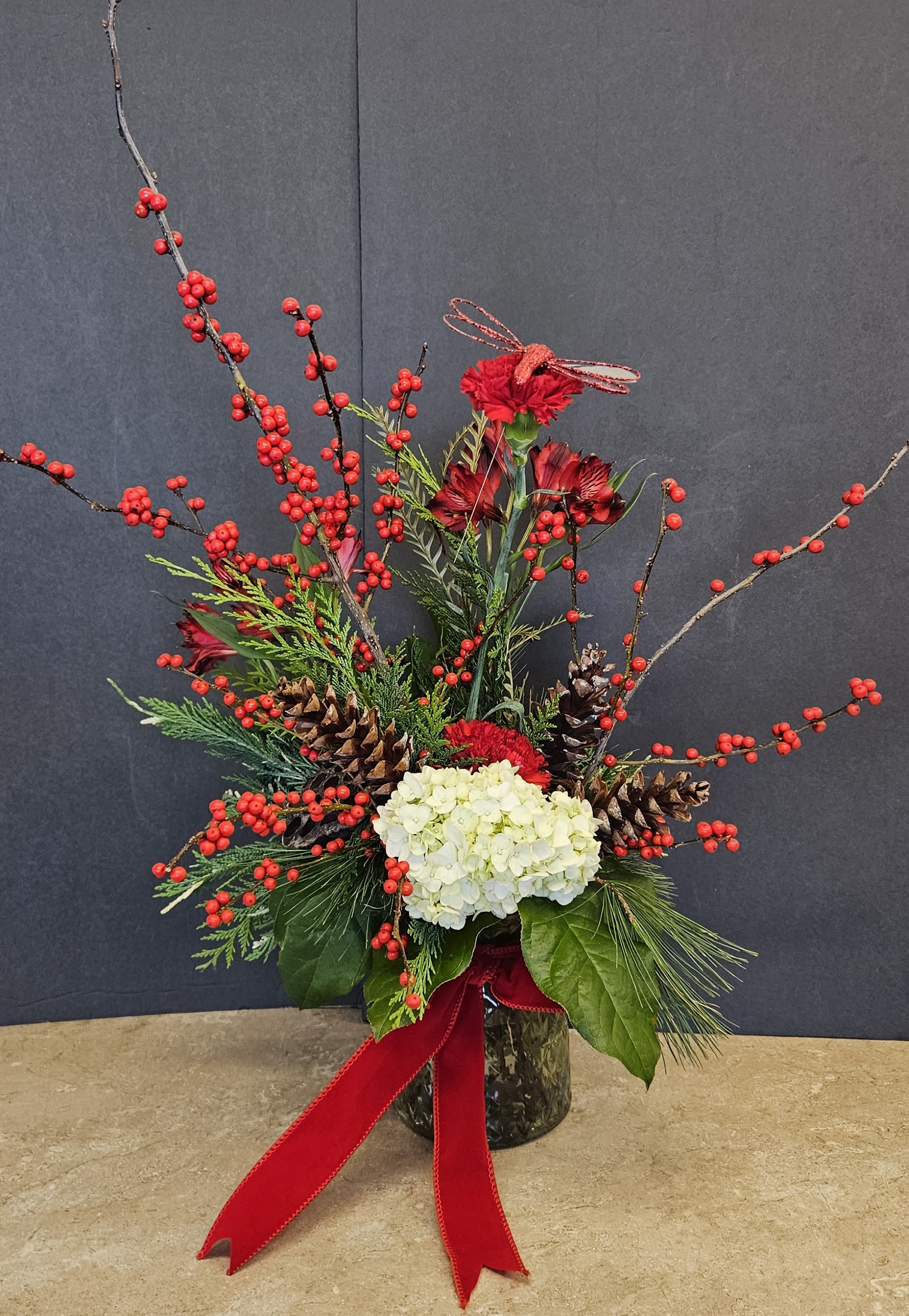 Dragon Fly Christmas - Beautiful Christmas arrangement with red dragon flies