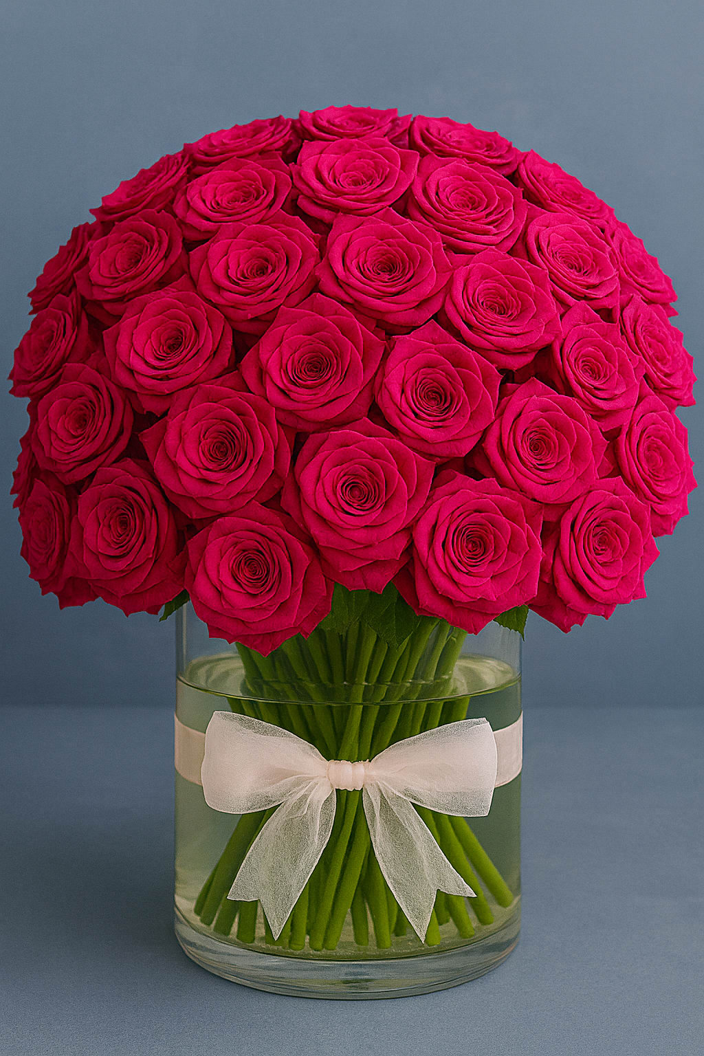 Hot Pink Rose Glass Vase Arrangement  - Premium hot pink roses in a glass vase with a decorative ribbon