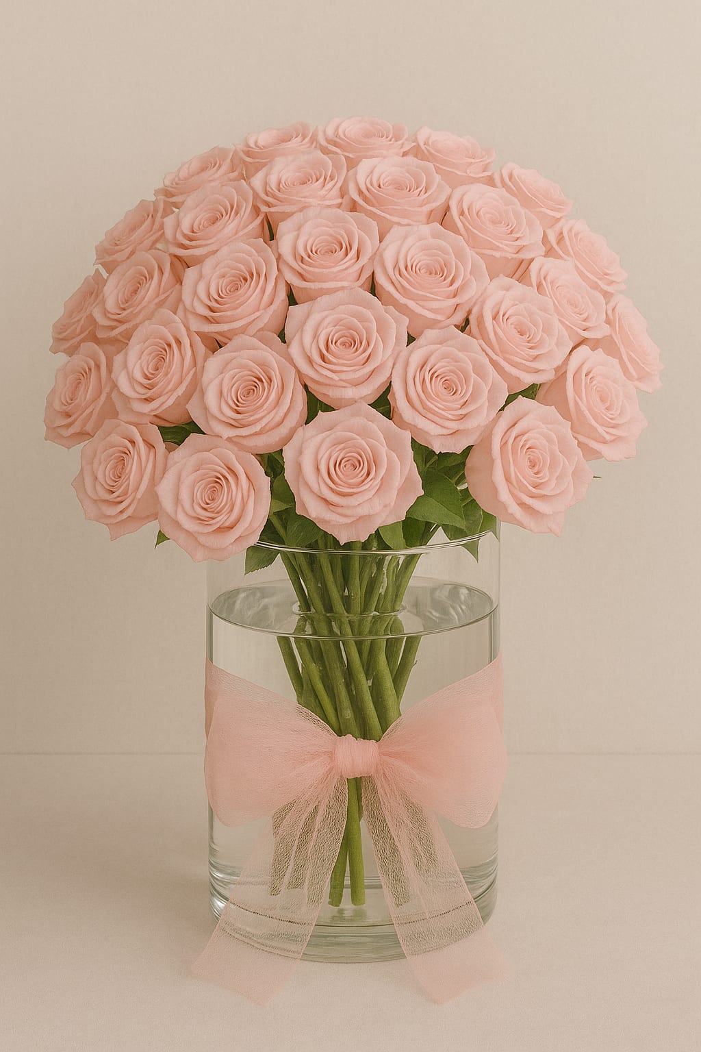 Light Pink Roses Glass Vase Arrangement - Premium light pink roses in a glass vase with a decorative ribbon.
