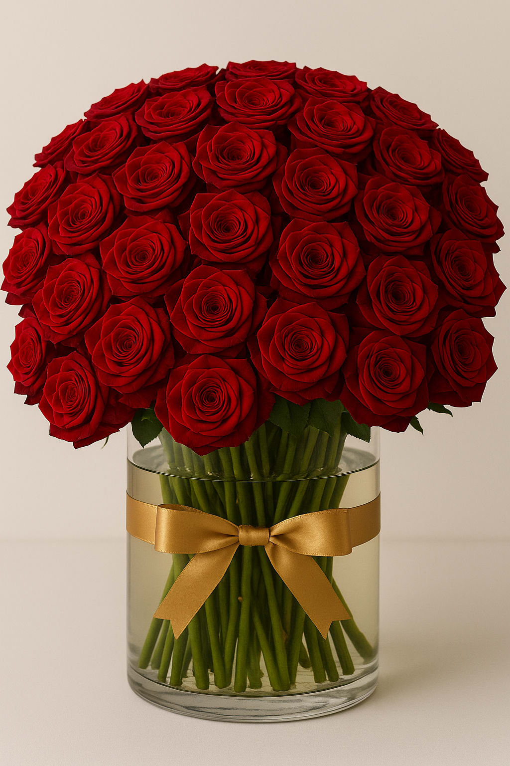 Red Rose Glass Vase Arrangement - Premium red roses in a glass vase with decorative ribbon.