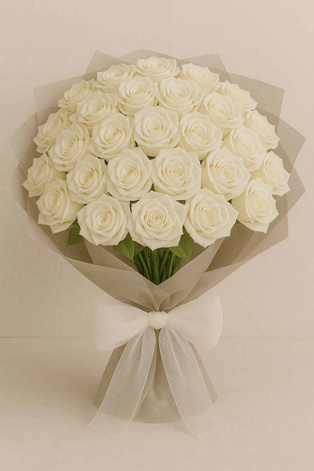 White Rose Bouquet - Premium white roses in a bouquet with decorative wrapping paper and ribbon.