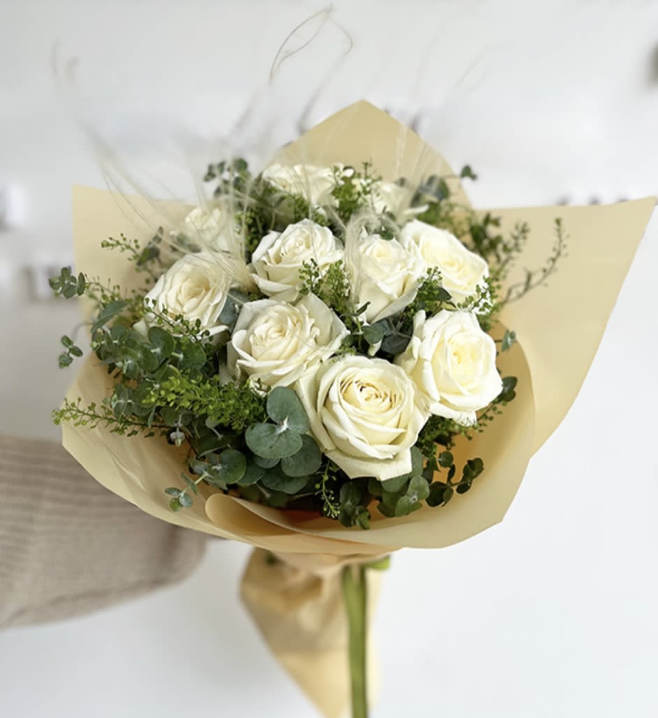 Miami Love Affair - Lush rose bouquet with green accents wrapped in premium ribbon and decorative paper.   Love the look but have a color preference for the roses? Drop us a note during checkout and we'll do our best to accommodate.