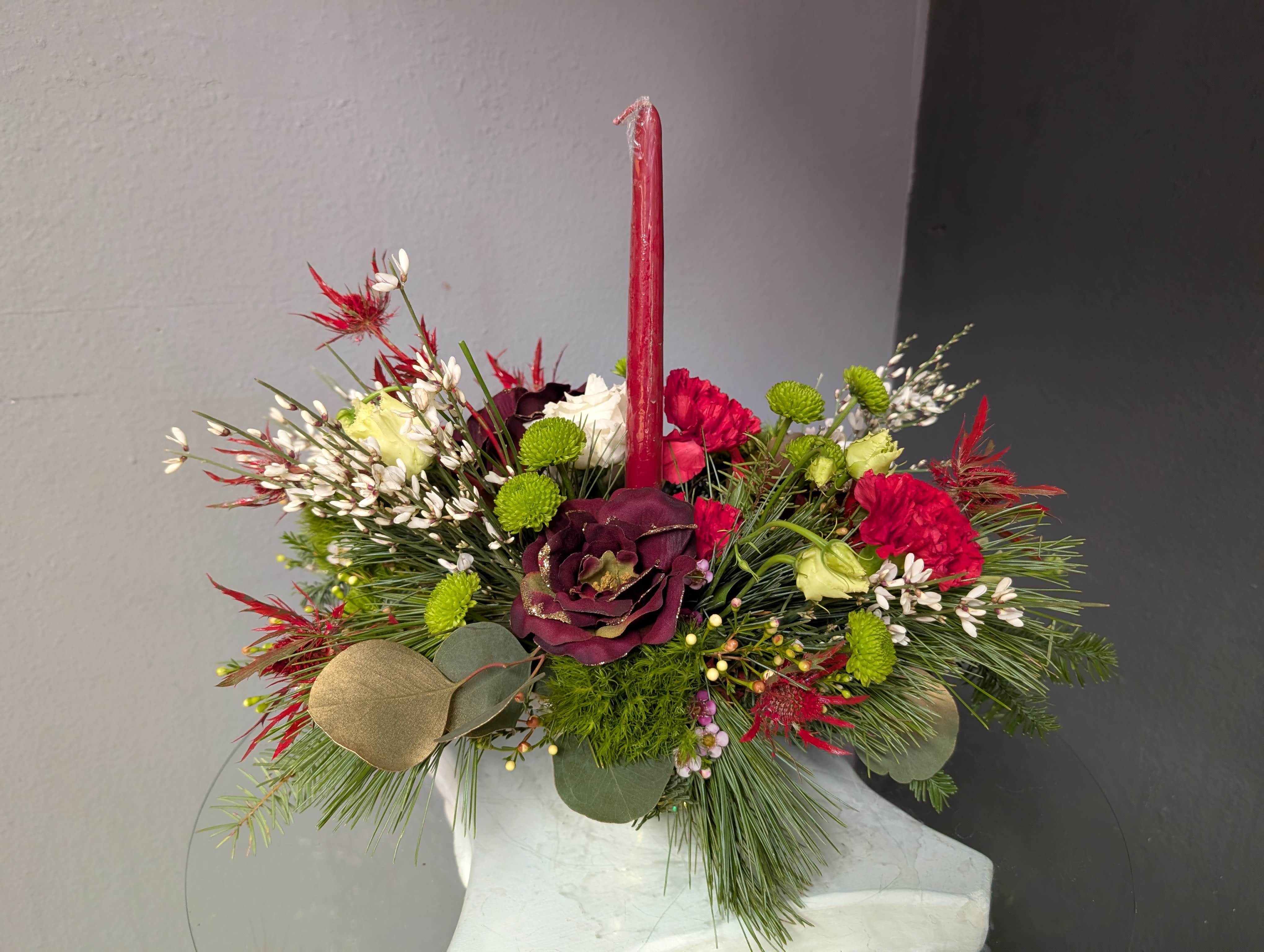 #385 Centerpiece - A beautiful hoilday arrangement perfect as a table of 2-4 centerpiece please note the roses are silk. All other flowers are real.  